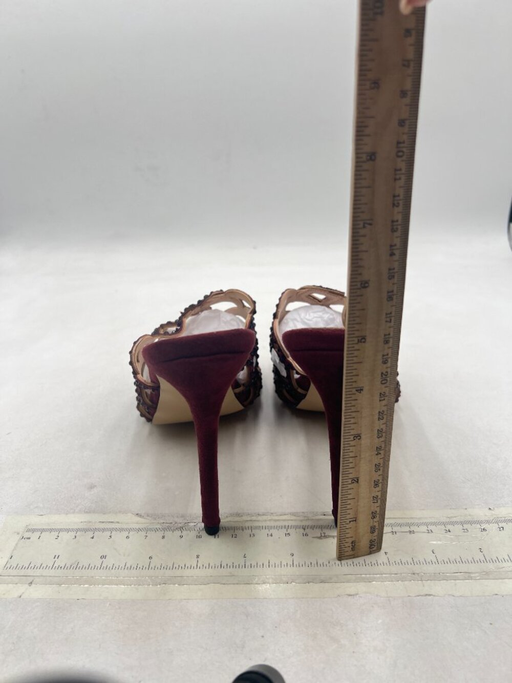 FSJ Burgundy Vegan Suede Rhinestone Open Toe Cutout High Heel Mules - Picture 5 of 8